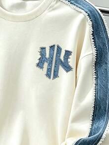 SHEIN 2件組青少年男孩時尚圓領運動衫與長褲運動套裝，對比條紋與時尚英文字母HK圖案設計，適合假期派對，5-15°C 春/秋/冬，舒適休閒，小男孩春/秋/冬街頭穿搭首選 - 彩色 - 查看 5