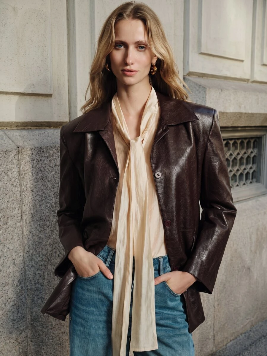 Anewsta Essential Women's Fall/Winter Dark Brown PU Leather Structured Panel Blazer Elegant Casual For Business Office Going Out - Coffee Brown - View 1
