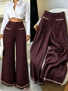 Franclia Plus Size Women's Elegant Daily Commute Formal Dinner Casual Professional Style Long Pants With Webbing Design And Printed Fabric Rose Gold Winter - Multicolor - View 6