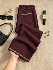 Franclia Plus Size Women's Elegant Daily Commute Formal Dinner Casual Professional Style Long Pants With Webbing Design And Printed Fabric Rose Gold Winter - Multicolor - View 1