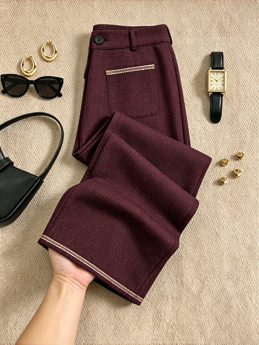 Franclia Plus Size Women's Elegant Daily Commute Formal Dinner Casual Professional Style Long Pants With Webbing Design And Printed Fabric Rose Gold Winter - Multicolor - View 1