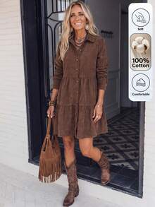 SHEIN LilyWest Women's Autumn/Winter New Ruffle Hem Casual Short Dress - Coffee Brown - View 3