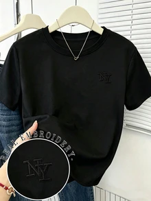 Franclia 女款黑色紐約 NY 字母刺繡寬鬆圓領短袖 T 恤，休閒夏季上衣，黑色休閒短袖，優雅舒適設計，極簡風 T 恤，休閒外出 T 恤 - 黑色 - 查看 4
