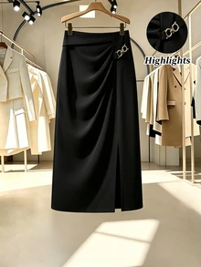 GlowEve CURVE Plus Size Women's Spring/Autumn Fashion Elegant Commute & Date Waist-Cinching Side Ruched Front Slit A-Line Skirt With Double Ring Metal Buckle, Suitable For Daily Wear, Dating And Light Business Occasions - Black - View 6