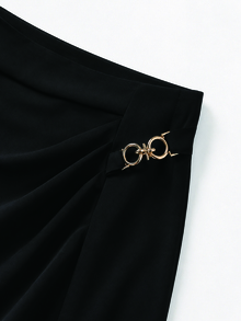 GlowEve CURVE Plus Size Women's Spring/Autumn Fashion Elegant Commute & Date Waist-Cinching Side Ruched Front Slit A-Line Skirt With Double Ring Metal Buckle, Suitable For Daily Wear, Dating And Light Business Occasions - Black - View 3