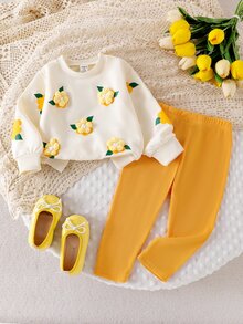 Elladie kids BABY 女童 2 件套 秋季幼童女童 3D 花朵衛衣長袖套頭衫與黃色長褲休閒套裝 秋季服飾 - 黃色 - 查看 2