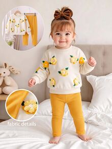 Elladie kids BABY 女童 2 件套 秋季幼童女童 3D 花朵衛衣長袖套頭衫與黃色長褲休閒套裝 秋季服飾 - 黃色 - 查看 9