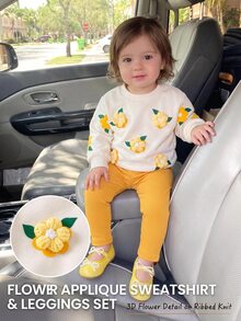 Elladie kids BABY 女童 2 件套 秋季幼童女童 3D 花朵衛衣長袖套頭衫與黃色長褲休閒套裝 秋季服飾 - 黃色 - 查看 8