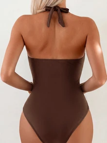SHEIN Swim 女款素色休閒度假連身泳衣 - 咖啡棕 - 查看 2