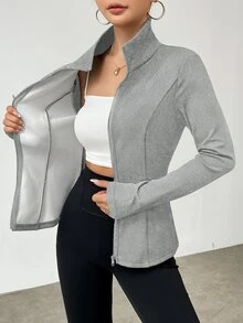 SHEIN LUNE Solid Color Casual Slim Fit Thermal Lined Jacket, Autumn/Winter Fall Cloth For Women - Light Grey - View 5