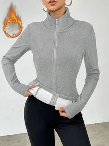 SHEIN LUNE Solid Color Casual Slim Fit Thermal Lined Jacket, Autumn/Winter Fall Cloth For Women - Light Grey - View 4