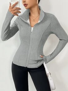 SHEIN LUNE Solid Color Casual Slim Fit Thermal Lined Jacket, Autumn/Winter Fall Cloth For Women - Light Grey - View 6