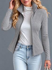 SHEIN LUNE Solid Color Casual Slim Fit Thermal Lined Jacket, Autumn/Winter Fall Cloth For Women - Light Grey - View 1