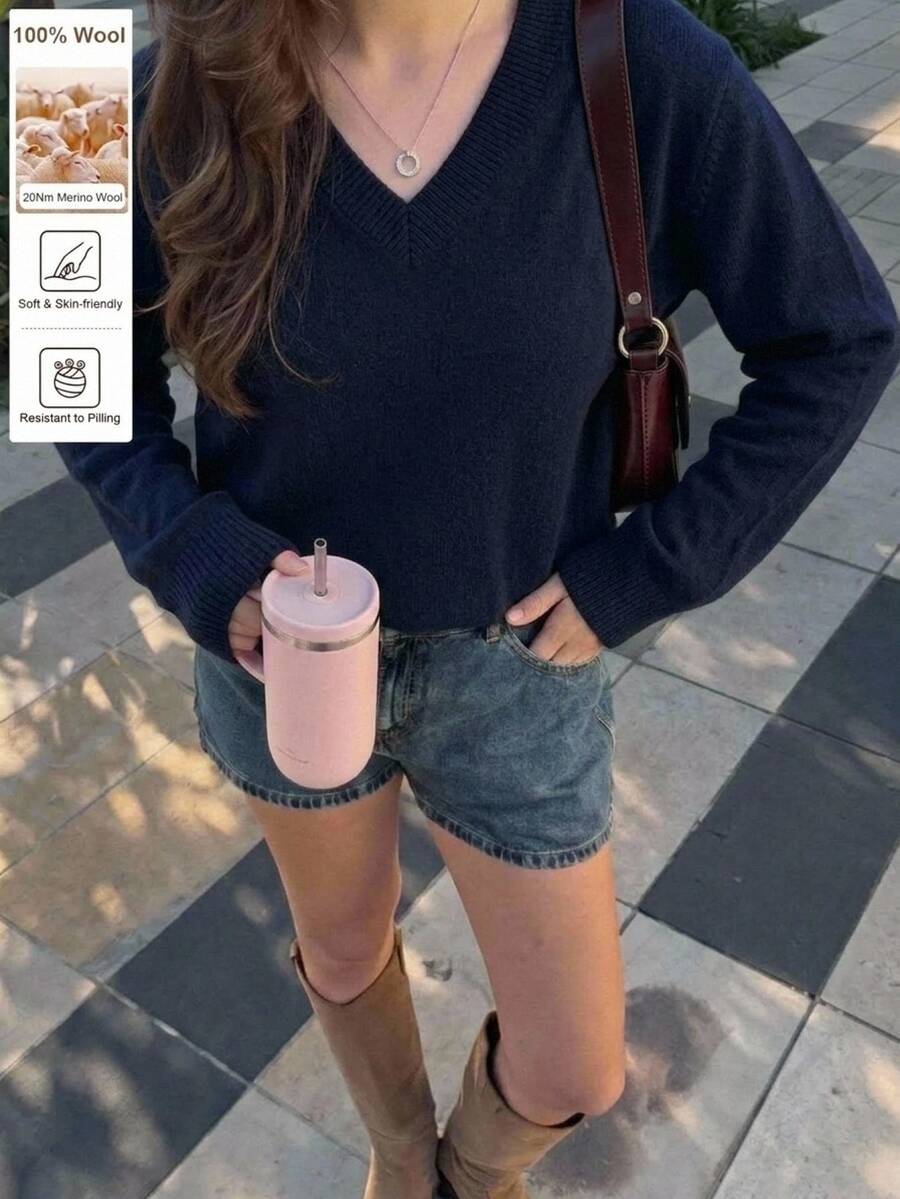 SHEIN Tween Girls Striped Colorblock Cable Knit V-Neck Lantern Sleeve Oversized Pullover Sweater, Suitable For Autumn/Winter And Outdoor Wear - Navy Blue - View 1