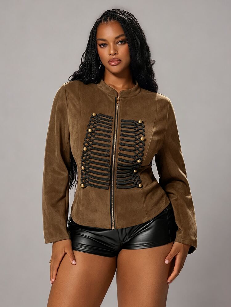 Rustia Plus Size Fashion Double-Breasted Zipper Corduroy Jacket Fall Napoleon Style Napoleon Elements - Brown - View 3