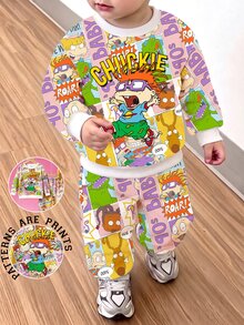 Nick 90s | SHEIN Rugrats 卡通滿版印花男孩運動衫套裝，復古卡通圓領上衣與慢跑長褲，兒童休閒兩件套春/秋季穿搭 - 白色 - 查看 6