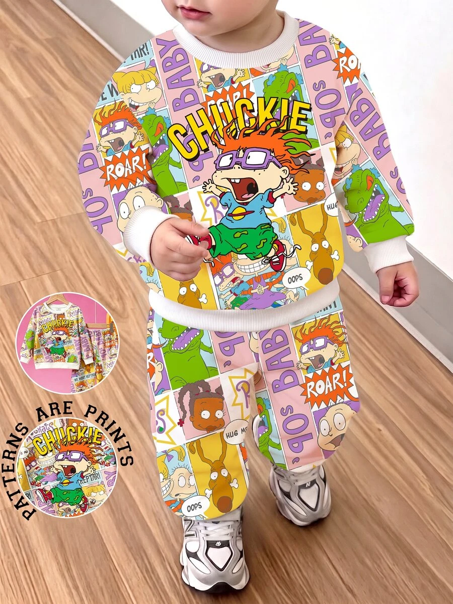 Nick 90s | SHEIN Rugrats Cartoon All-Over Print Boys Sweatshirt Set, Vintage Cartoon Crew Neck Top And Jogger Pants, Casual 2-Piece Outfit For Kids Spring/Autumn - White - View 1