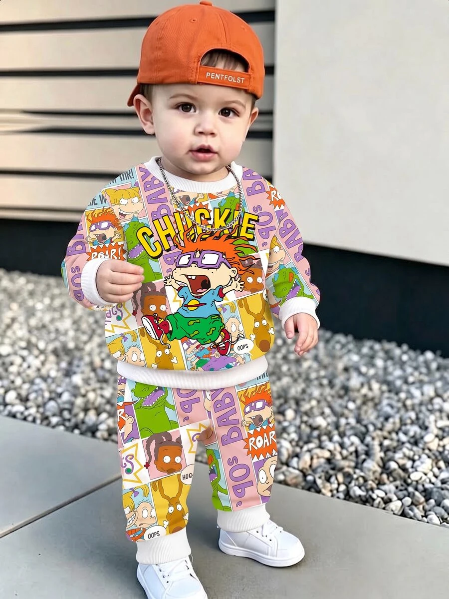 Nick 90s | SHEIN Rugrats 卡通滿版印花男孩運動衫套裝，復古卡通圓領上衣與慢跑長褲，兒童休閒兩件套春/秋季穿搭 - 白色 - 查看 1