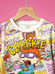 Nick 90s | SHEIN Rugrats 卡通滿版印花男孩運動衫套裝，復古卡通圓領上衣與慢跑長褲，兒童休閒兩件套春/秋季穿搭 - 白色 - 查看 4