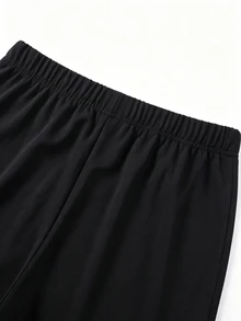 SHEIN LUNE Plus Size Women's Autumn/Winter Solid Black High Elastic Textured Fabric Fashion Minimalist Side Waist Metal Chain Decor Straight Leg Pants, Versatile Trousers - Black - View 5