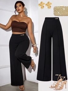 SHEIN LUNE Plus Size Women's Autumn/Winter Solid Black High Elastic Textured Fabric Fashion Minimalist Side Waist Metal Chain Decor Straight Leg Pants, Versatile Trousers - Black - View 1