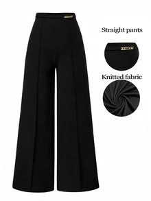 SHEIN LUNE Plus Size Women's Autumn/Winter Solid Black High Elastic Textured Fabric Fashion Minimalist Side Waist Metal Chain Decor Straight Leg Pants, Versatile Trousers - Black - View 3