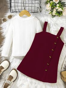 SHEIN 女童 2 件組秋季套裝 白色羅紋針織長袖小高領上衣搭配酒紅色燈芯絨側扣吊帶裙 可愛休閒服飾 - 酒紅色 - 查看 4