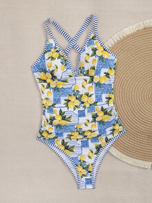 SHEIN Swim 热门度假款多色柠檬印花深V领修身连体泳衣 - 彩色 - 查看 5