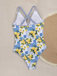 SHEIN Swim 热门度假款多色柠檬印花深V领修身连体泳衣 - 彩色 - 查看 3