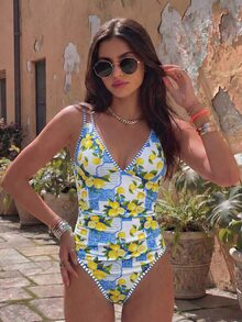 SHEIN Swim 热门度假款多色柠檬印花深V领修身连体泳衣 - 彩色 - 查看 4