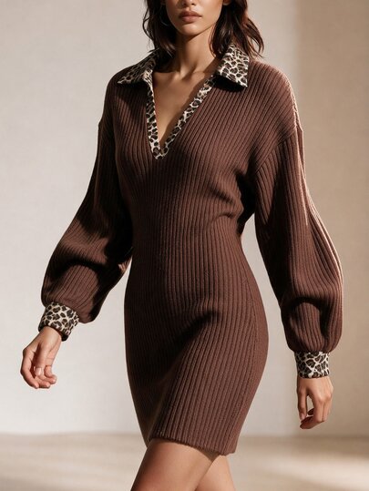 LUMIGAL Women's New Autumn/Winter Brushed Knit Ribbed Brown Short Dress, V-Neck Puff Long Sleeve Slim Fit Bodycon Mini, Leopard Print Patchwork Y2K Elegant