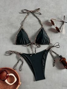 Swim Vcay 女士热带风情多色性感豹纹露背比基尼套装，侧边系带泳裤，热门沙滩度假休闲优雅比基尼套装，适合情人节派对 - 彩色 - 查看 3