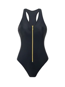 SHEIN Swim Solid Color Zipper V-Neck Slim Fitted Fashionable Women One-Piece Swimsuit, Festival Boho Style, For Summer Beach Vacation - Black - View 5
