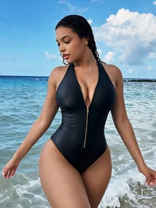SHEIN Swim Solid Color Zipper V-Neck Slim Fitted Fashionable Women One-Piece Swimsuit, Festival Boho Style, For Summer Beach Vacation - Black - View 4