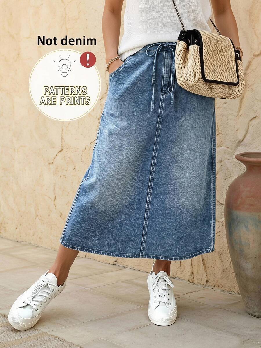 SHEIN Rok Denim Bermotif Elegan untuk Wanita, Kasual dan Cocok untuk Perjalanan Sehari-hari - Biru - View 1