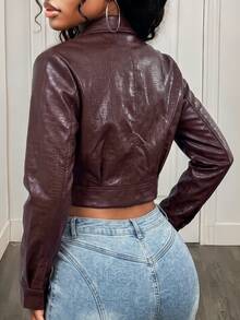 BamGleam Crocodile Pattern Leather Jacket With Stand Collar, Zipper, Long Sleeves And Buttons - Brown - View 2