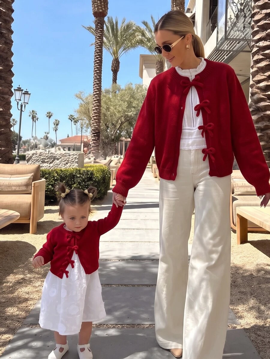 Souflis Souflis Baby Girl Fashionable Versatile Bow Decor Cardigan - Red - View 1