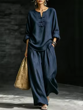 Trelyra Navy Blue Set, Vintage Handmade Frog Button Top, Loose Drop Shoulder Fit. Paired With Same Color Wide Leg Pants, Draping And Comfortable, Relaxed And Slimming, Commute Outfit, Casual Wear, Women's Leisure Set, Autumn/Winter Clothing