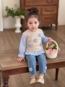 SHEIN Baby Girl 2pcs Autumn Beige Striped Layered 3D Floral Top And Blue Floral Denim Flare Jeans Cute Toddler Outfit Fall Clothing - Apricot - View 5