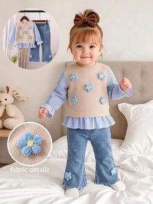 SHEIN Baby Girl 2pcs Autumn Beige Striped Layered 3D Floral Top And Blue Floral Denim Flare Jeans Cute Toddler Outfit Fall Clothing - Apricot - View 7