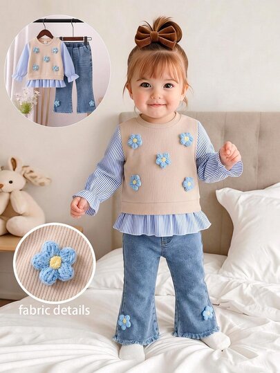 SHEIN 2-delad höstoutfit för babyflicka i beige med ränder, lager-på-lager 3D-blomtopp och blå blommiga denim-flarejeans, söt småbarnsklädsel för hösten