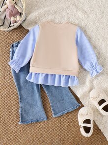 SHEIN Baby Girl 2pcs Autumn Beige Striped Layered 3D Floral Top And Blue Floral Denim Flare Jeans Cute Toddler Outfit Fall Clothing - Apricot - View 3