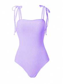 SHEIN Swim 1pc Women's Beach Vacation Stripe Pattern Spaghetti Strap Swimsuit For Summer - Mauve Purple - View 5