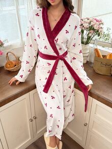 Snug Reverie Girl's Bow & Heart Print Contrast Color Lapel Tie-Front Robe, Loungewear - Burgundy - View 5