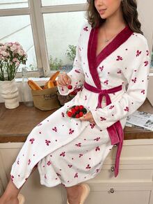 Snug Reverie Girl's Bow & Heart Print Contrast Color Lapel Tie-Front Robe, Loungewear - Burgundy - View 4