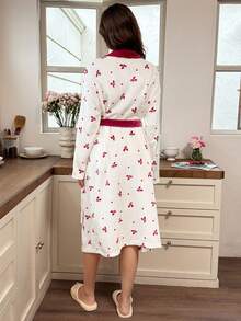 Snug Reverie Girl's Bow & Heart Print Contrast Color Lapel Tie-Front Robe, Loungewear - Burgundy - View 2