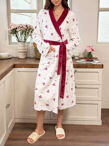 Snug Reverie Girl's Bow & Heart Print Contrast Color Lapel Tie-Front Robe, Loungewear - Burgundy - View 6