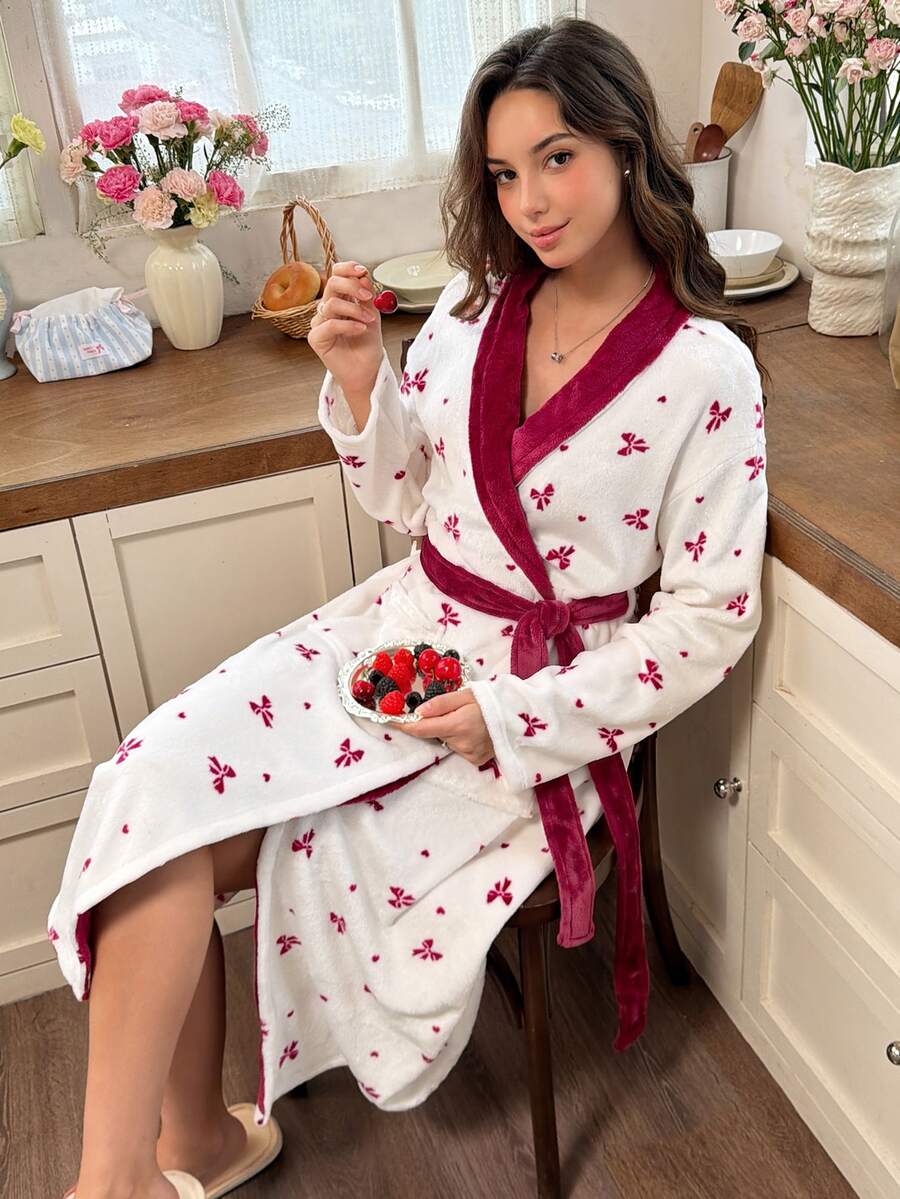 Snug Reverie Girl's Bow & Heart Print Contrast Color Lapel Tie-Front Robe, Loungewear - Burgundy - View 1