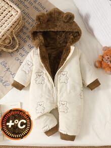 SHEIN 1件男嬰連帽連身衣 可愛米色熊圖案 3D耳朵 填充毛絨內裡 長袖 前開拉鍊 加厚 假日冬季秋季聖誕 羅紋袖口 - 杏色 - 查看 3