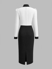 SHEIN Gaun Elegan Wanita Terbaru Musim Gugur dan Musim Dingin 2026, Gaun Kasual untuk Acara Kantor, Lengan Panjang, Jahitan Hitam Putih, Panjang Sedang, Pakaian Formal Wanita - Hitam dan Putih - View 7